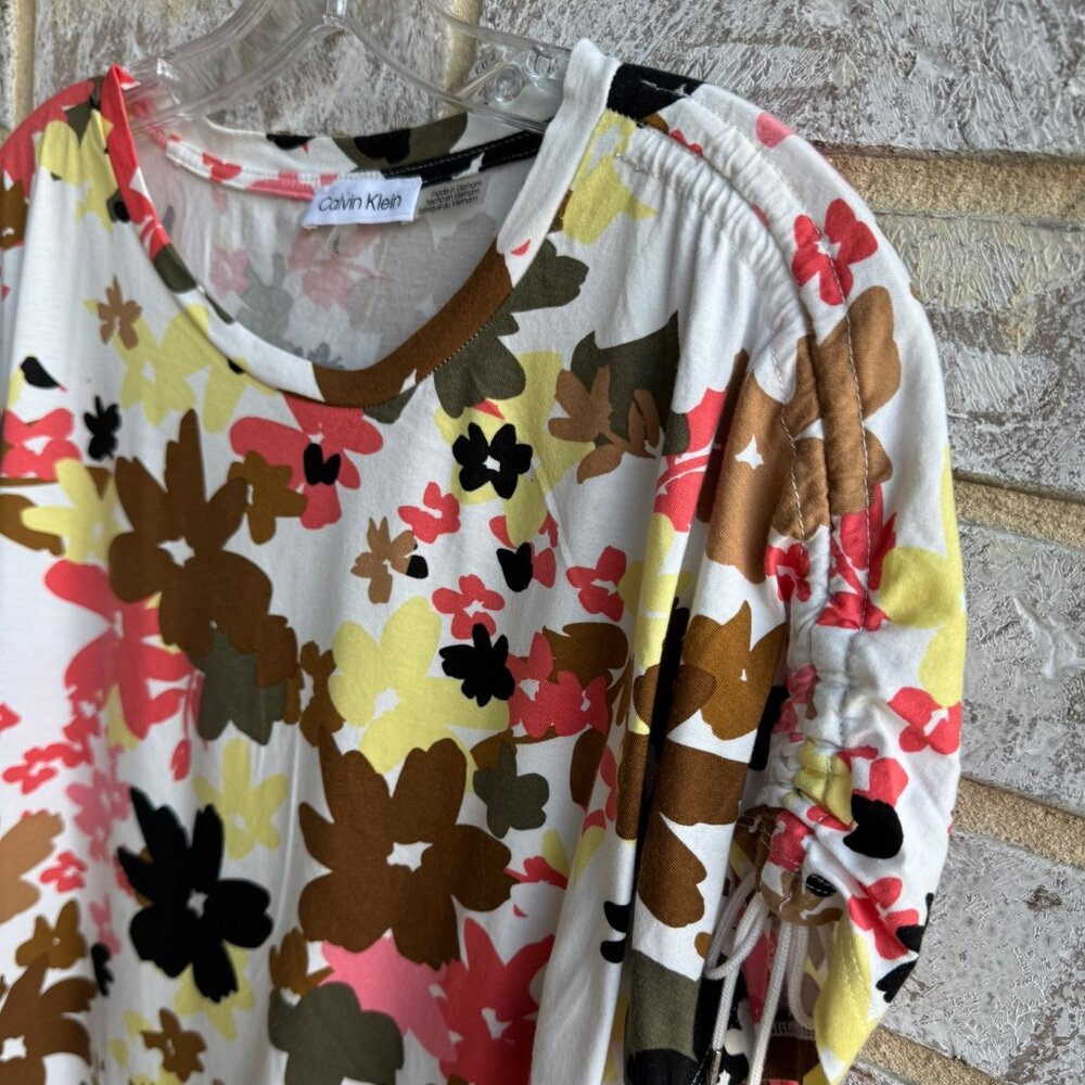 Calvin Klein Tie Short Sleeve Cotton Blend Floral T-Shirt Women's Size L - Picture 5 of 7